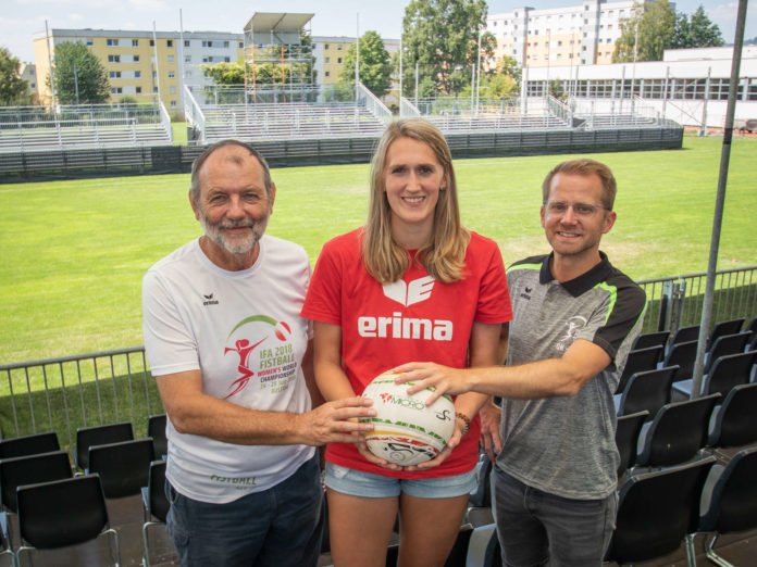   Karl Weiß (left), President of the World Fistball Association, Katharina Lackinger, team member, and Christoph Oberlehner, CO Secretary General, at OBV Arena, which has 2300 fans and was built in 600 hours. 