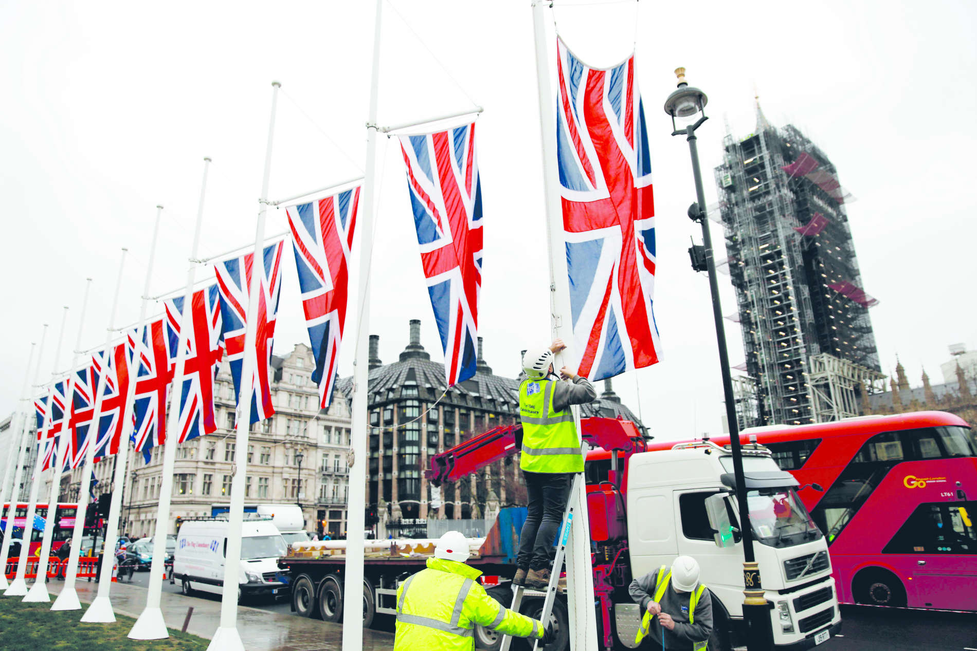 Bereit für den Brexit: Im Londoner Parlamentsviertel sind die britischen Flaggen aufgezogen.