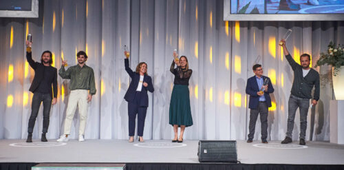 Über „Caesaren der Jury" freuten sich (von links) Florian Schwarz, Felix Sturmberger (Video „Simone“), Angelika Sery-Froschauer (Sery Brand Communication), Marlene Siegl (Stadtgemeinde Leonding), Günther Reder, Markus Witzany (beide Moremedia).