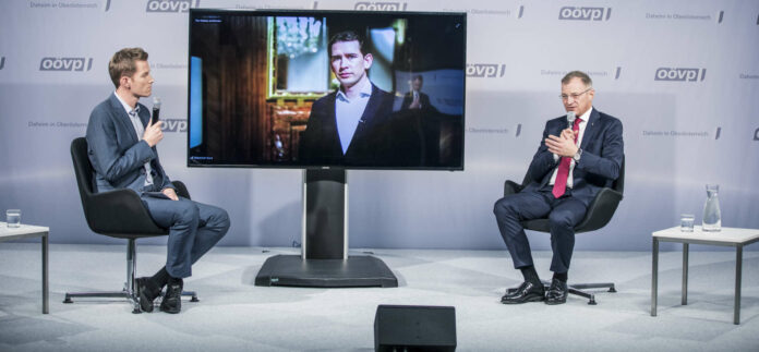 Florian Danner im virtuellen Gespräch mit Bundeskanzler Sebastian Kurz und Landeshauptmann Thomas Stelzer.