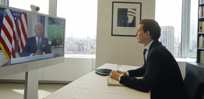 Bundeskanzler Sebastian Kurz bei einer Videokonferenz mit US-Präsident Joe Biden anlässlich der UNO-Vollversammlung in New York.