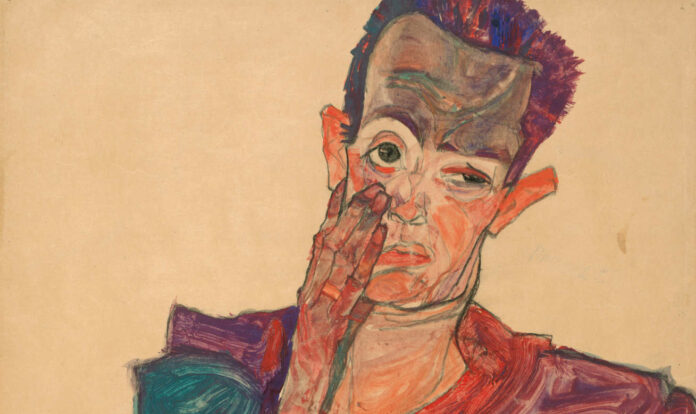 Egon Schiele, Selbstbildnis mit herabgezogenem Augenlid, 1910