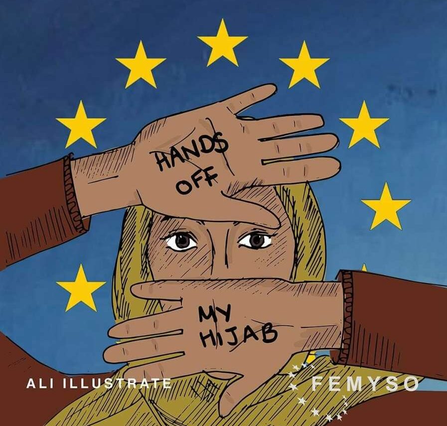 Hände weg von meinem Hijab: Femyso macht ihre Kopftuch-Kampagnen gern auch unter den EU-Sternen. © Screenshots: Facebook