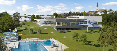 Eine Fotomontage des Architekturbüros mit dem Freibad im Vordergrund und rechts dahinter das geplante Bezirkshallenbad mit Außenrutsche.