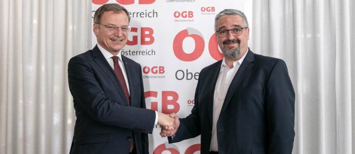 Landeshauptmann Thomas Stelzer gratulierte dem neuen ÖGB-Chef Andreas Stangl persönlich.