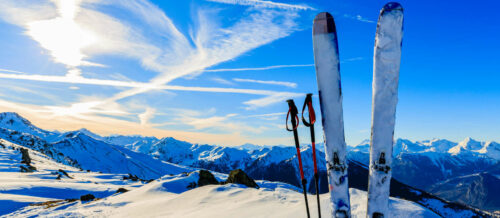 Ski in winter season, mountains and ski touring equipments o