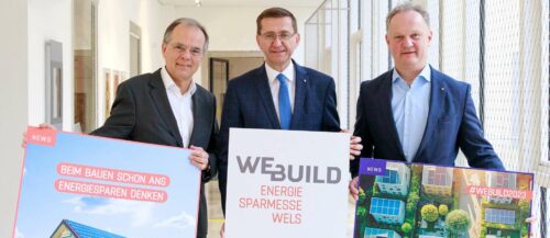 Rühren bereits die Werbetrommel für die Energiesparmesse WEBUILD, die Wels „wieder zur europäischen Energiehauptstadt macht“ — so LR Markus Achleitner (M.) mit Messedirektor Robert Schneider und dem Chef des Energiesparverbandes, Gerhard Dell.