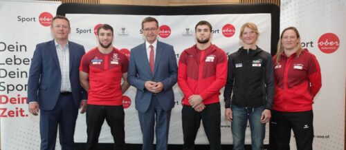 V.l.: Judo-Austria-Boss Poiger, Shamil Borchashvili, LR Achleitner, Wachid Borchashvili, Filzmoser, Headcoach Snir-Bönisch.