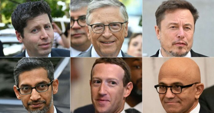 Soldan sağa: ABD Kongresi'ndeki duruşma öncesinde BT büyükleri Sam Altman (OpenAI), Bill Gates (Microsoft), Elon Musk (Tesla, X), Sundar Pichai (Google), Mark Zuckerberg (Meta) ve Satya Nadella (Microsoft) .