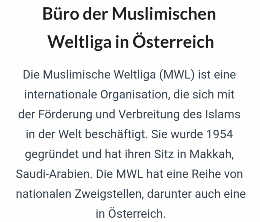 IZ Viyana'nın ana sayfasında Dünya Müslüman Birliği'nin Avusturya'da da neler yaptığını okuyabilirsiniz: İslam'ı yaymak. Sorun değil mi?  AMS, Cumartesi günü Viyana İslam Merkezi'nde düzenlenecek bir etkinlikte bir bilgi standıyla temsil edilecek.