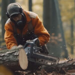 A man is cutting wood in the forest with a chainsaw