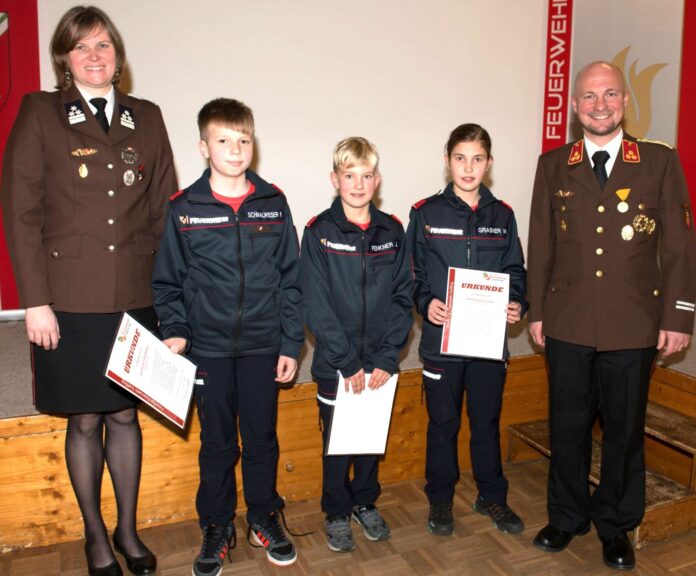 v. l.: Jugendbetreuerin Birgit Mooshammer, Florian Schmalwieser, Jakob Penkner, Magdalena Grabner und Kommandant Jürgen Penkner bei der Angelobung der Jugend.