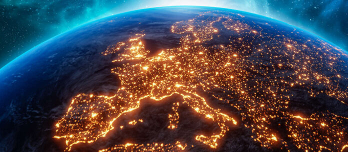 City lights Europe continent at night from outer space. 3D r