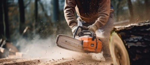 Worker using chainsaw for cutting the wood. Deforestation, f