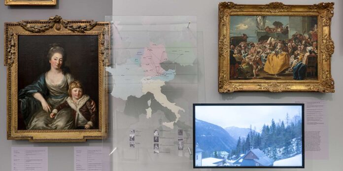 Landkarten und Videos, die die Geschichte der Gemälde und ihrer Lagerstätten ins Heute holen, ergänzen die Schau im Lentos.