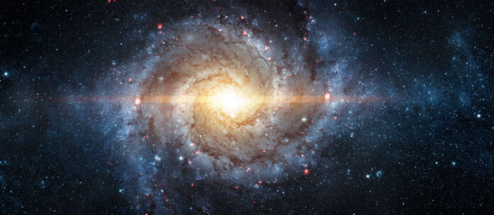 A view from space to a spiral galaxy and stars. Universe fil