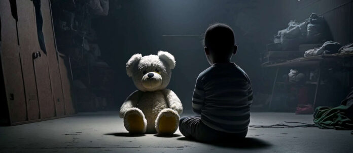 Young boy and his teddy bear are sitting on the floor of a d