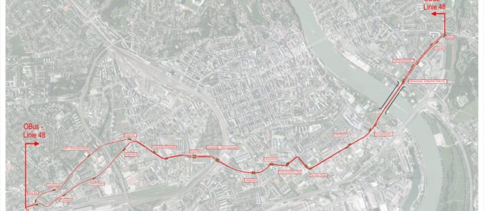 Die neue O-Bus-Linie 48 soll voraussichtlich ab 2027 von der Haltestelle Karlhof über die Neue Donaubrücke und den Osten von Linz zum Bulgariplatz und weiter zur Neuen Welt führen.