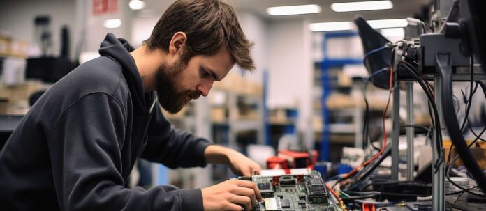 An electronics technician at work.