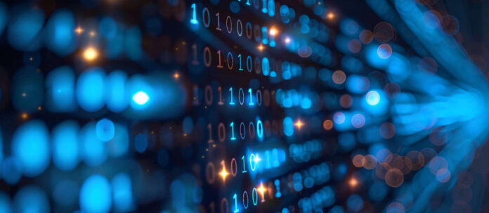 Blue glowing binary data on a dark digital backdrop