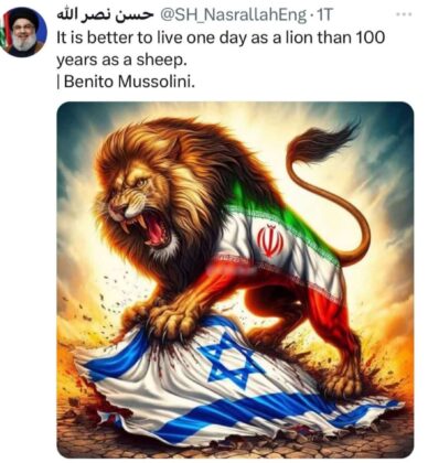 Hisbollah-Führer Nasrallah bejubelt den iranischen Angriff auf Israel mit einem Mussolini-Zitat: „Es ist besser, einen Tag als Löwe zu leben, als hundert Jahre ein Schaf zu sein.“