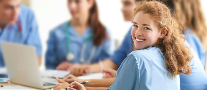 Medical students studying at university indoors