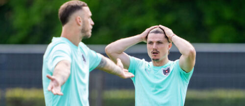 Marko Arnautovic (links) und Marcel Sabitzer beim Abschlusstraining des ÖFB-Nationalteams in Berlin.