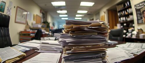 Close-up shot of stacked paperwork neatly organized on an of