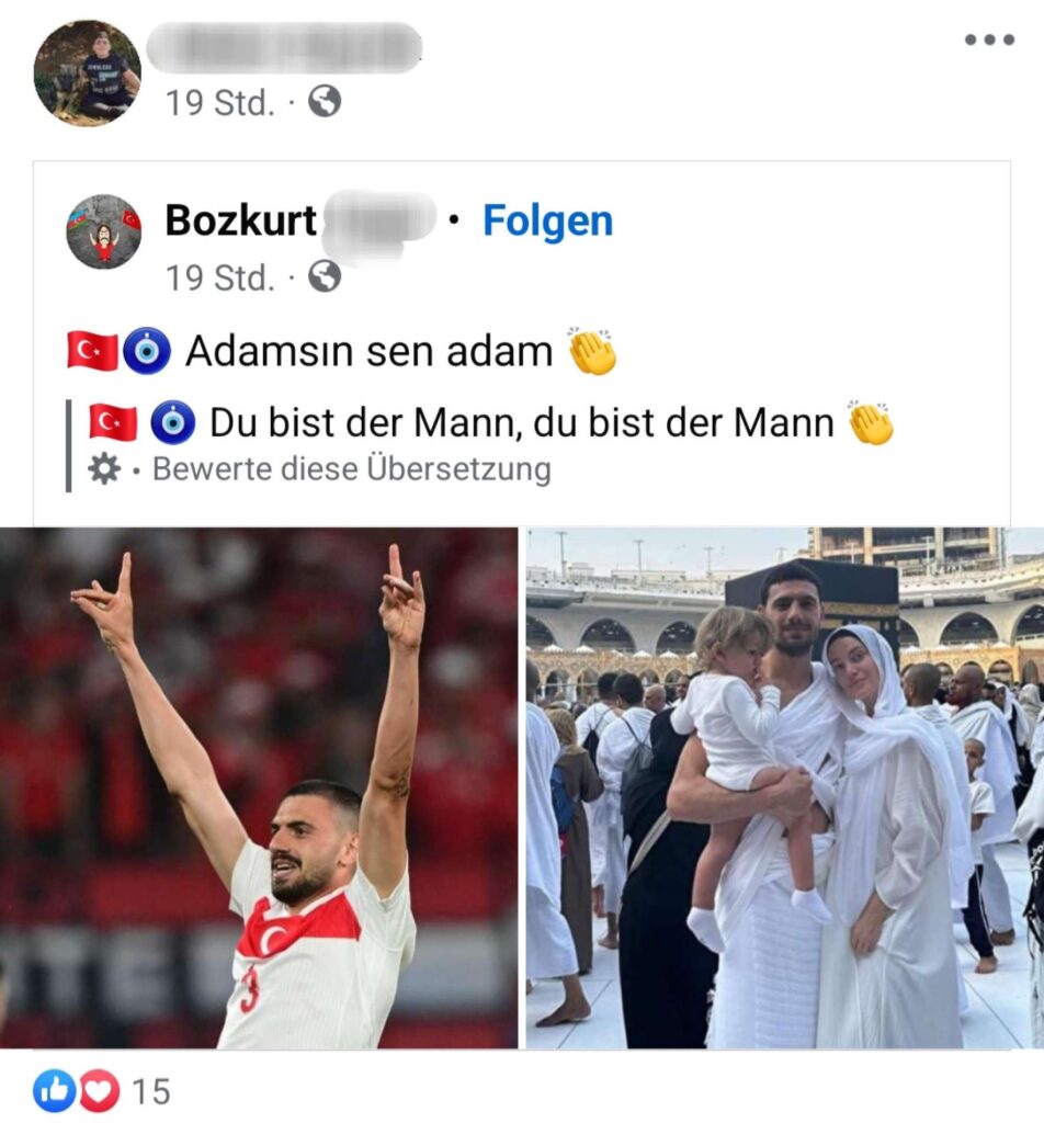 Ein Austrotürke illustriert mit einem Facebook-Post die Symbiose von Nationalismus und Religion: Merih Demiral mit doppeltem Wolfsgruß und mit Familie bei der Pilgerfahrt in Mekka 2023.