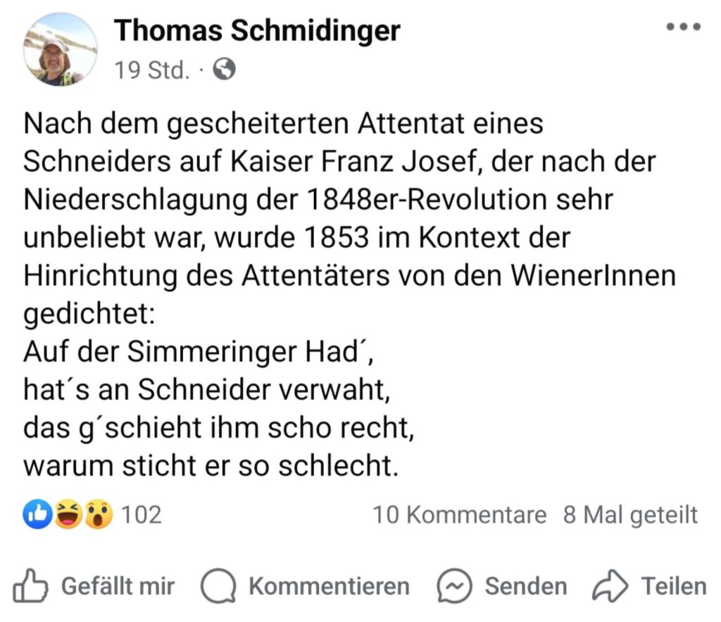 Gefiel auch der der Grünen-Abgeordneten Blimlinger: Der Politologe Schmidinger erinnerte nach dem Trump-Attentat an den Kaiser-Attentäter, der „zu Recht“ hingerichtet wurde, weil er „so schlecht gestochen“ hatte. ©Screenshot: Facebook